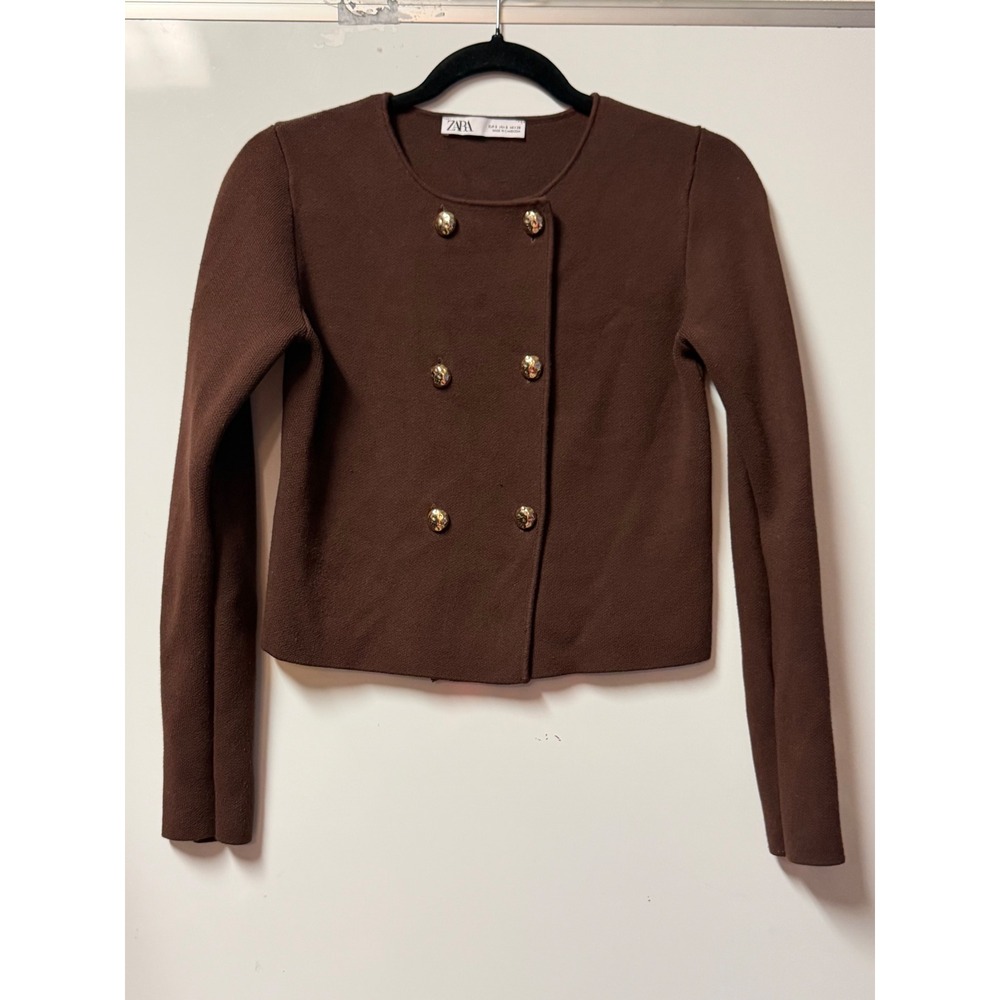 Zara Women Brown Double Breasted Knit Jacket Gold Crest Buttons Small